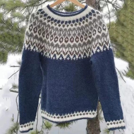 Women Geometric Pattern Knit Sweater Long Sleeve Casual Crewneck Pullover