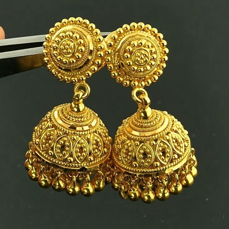 Pair of Vintage Brass Golden-Plated Earrings, Handmade Bohemian Style Bell and Bead Pendant Earrings for Daily Wear and Parties, Christmas Accessory|B