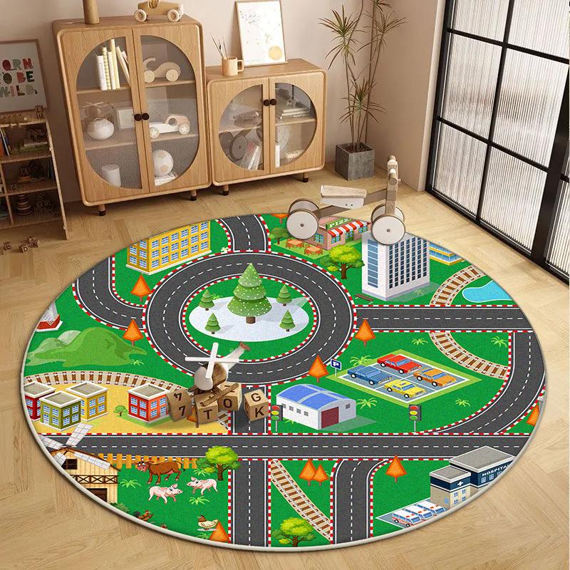 Children's Round Living Room Carpet Short Velvet Fluffy Soft Bedroom Decoration Rug Cartoon Traffic Road Play Floor Mat Antiskid