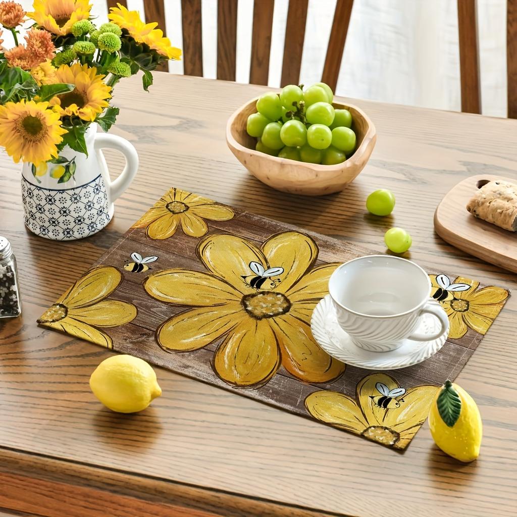 4pcs Wood Bees Flowers Floral Summer Placemats Set of 4,12x18 Inch Seasonal Spring Table Mats for Party Kitchen Dining Decoration
