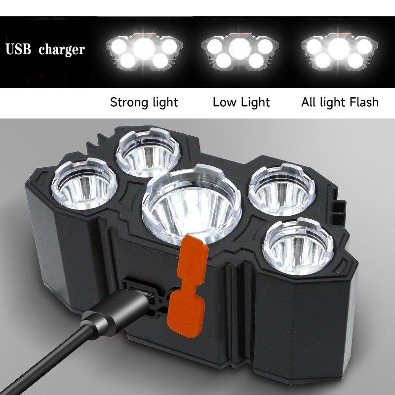 5 Led hodelykt USB oppladbar hodelommelykt lys hodelykt 2000mAh bærbar lommelykt utendørs camping Søkelys