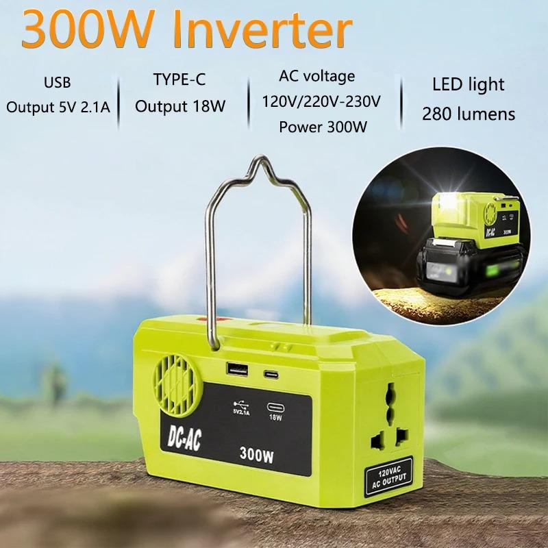 300W Portable Power Inverter for Ryobi 40V Li-ion Battery Adapter with AC Outlet USB Type-C Port 120V-220V Outdoor Power Supply