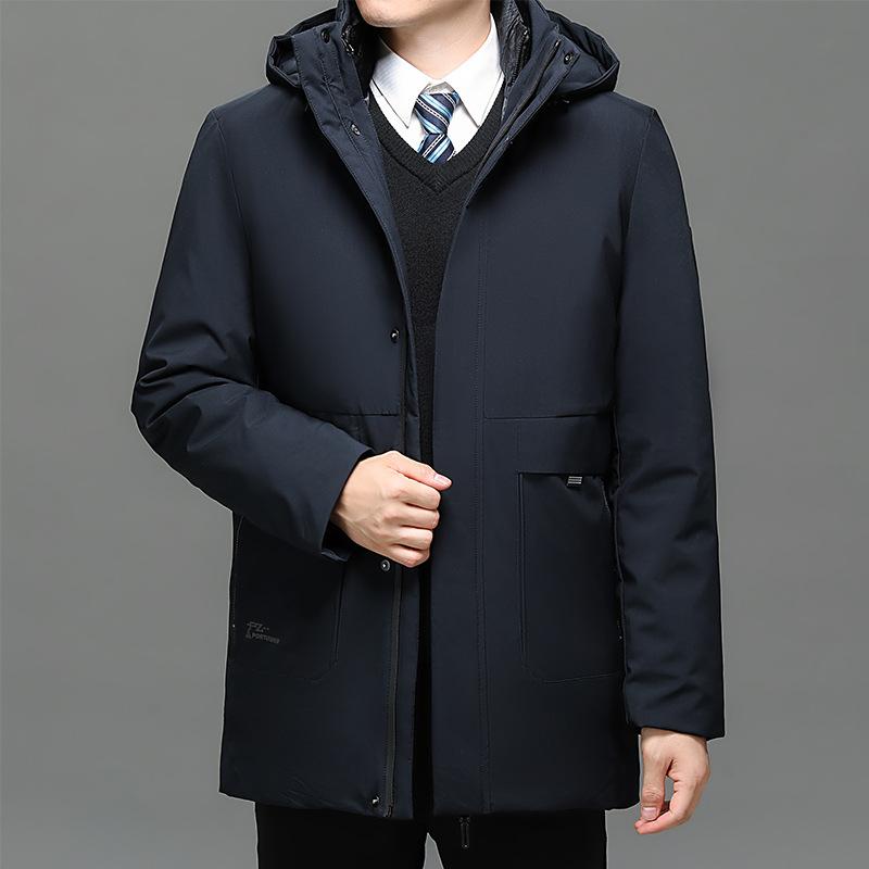 

Куртка-пуховик с капюшоном для мужчин среднего и пожилого возраста, зимняя, новая тенденция, повседневная, утолщенная, теплая, пуховая куртка, тренчкот L тёмно-синий