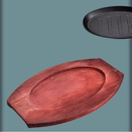 Oval Cast Iron Pan, Flat Frying Pan with Wooden Floor Pan, Grill Pan, Serving Tray, Multifunctional Oven Tray for Grilling Meat, Pancakes and Ribs