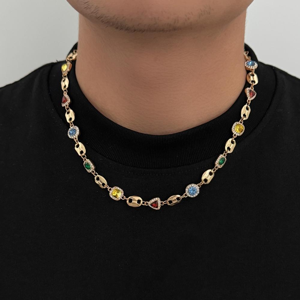 Y2K Multi Color Rhinestone Gemstone Necklace Bracelet Set for Men Trendy Male Collarbone Chain Accessories Fashion Jewelry Gifts