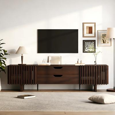 Suport TV 180*40*45cm în Nuc Închis, cu Două Sertare și Uși de Dulap Unice, Dulap TV, Lowboard, Dulap pentru Sufragerie, pentru Televizoare de până la 75 de Inci