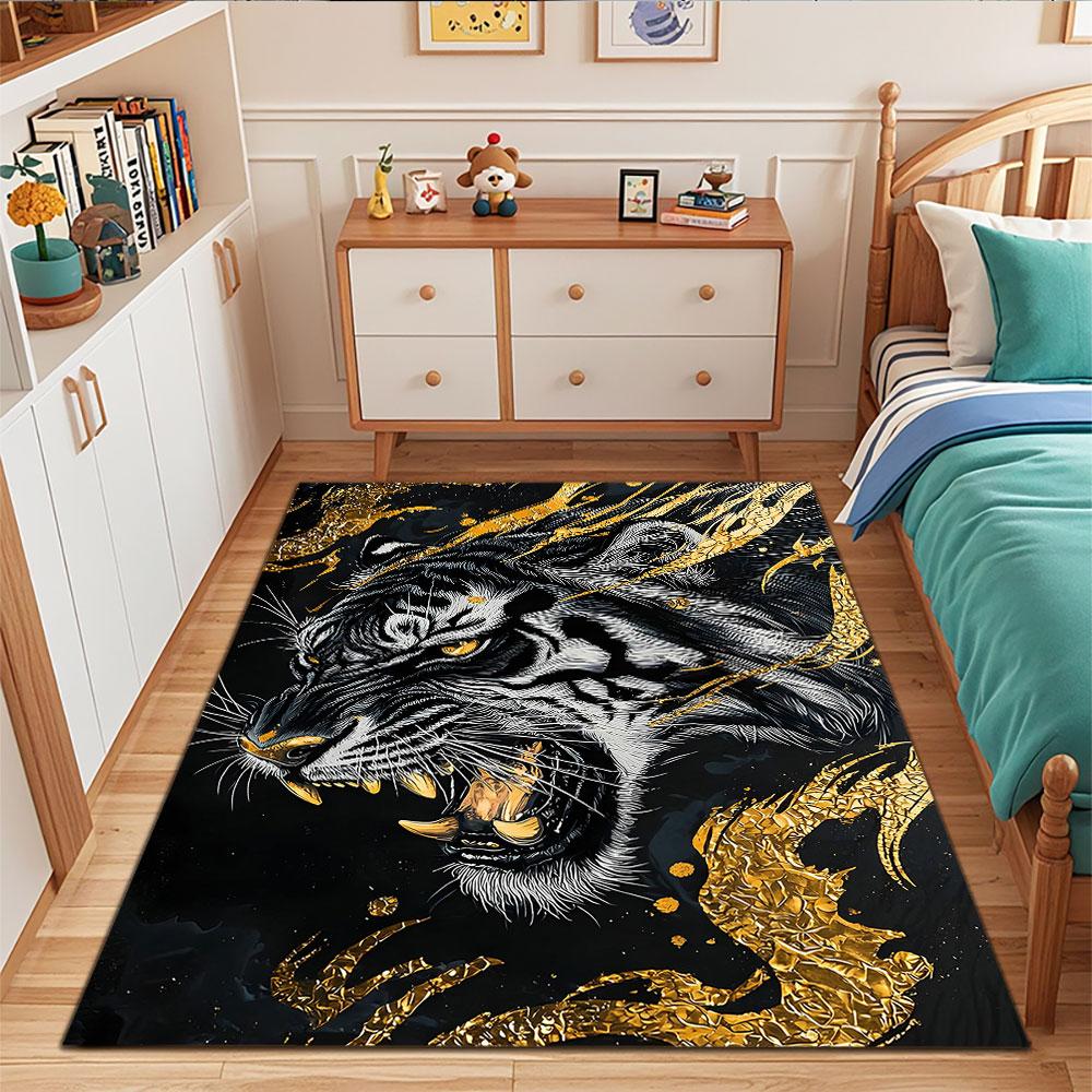 Fierce Tiger with Gold Accents Patterned Carpet, Suitable As a Non Slip Play Mat for the Living Room and Bedroom Sofa