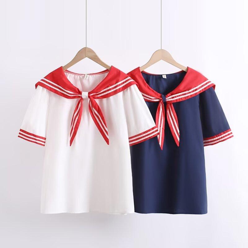 Summer Women Navy Shirts Short Sleeve Sailor Collar Pullover White Blouses Patchwork Loose Tops Girl Sweet Clothes College Style