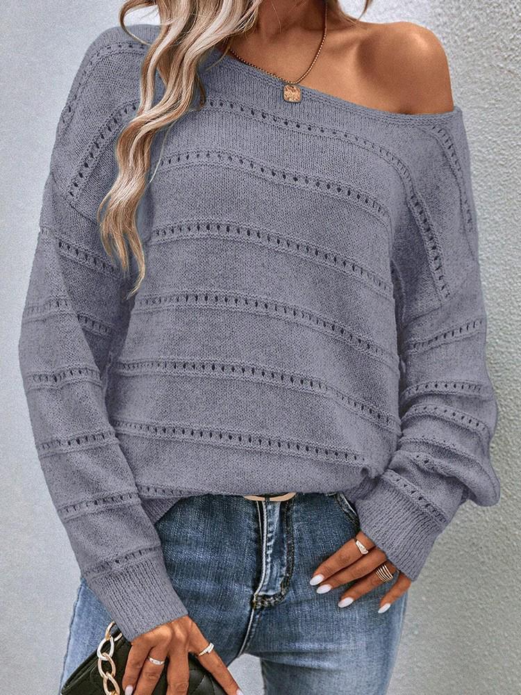 Autumn/Winter 2025 Women's Solid Color Hollow Out Drop Shoulder Sweater - Casual Loose Pullover Knitwear