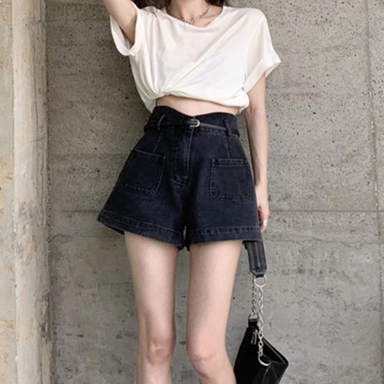 Pantaloni Scurți Denim cu Talie Înaltă pentru Femei Elastici Largi Pantaloni Scurți Jeans Casual cu Picior Lat Pantaloni Scurți de Vară cu Buzunare