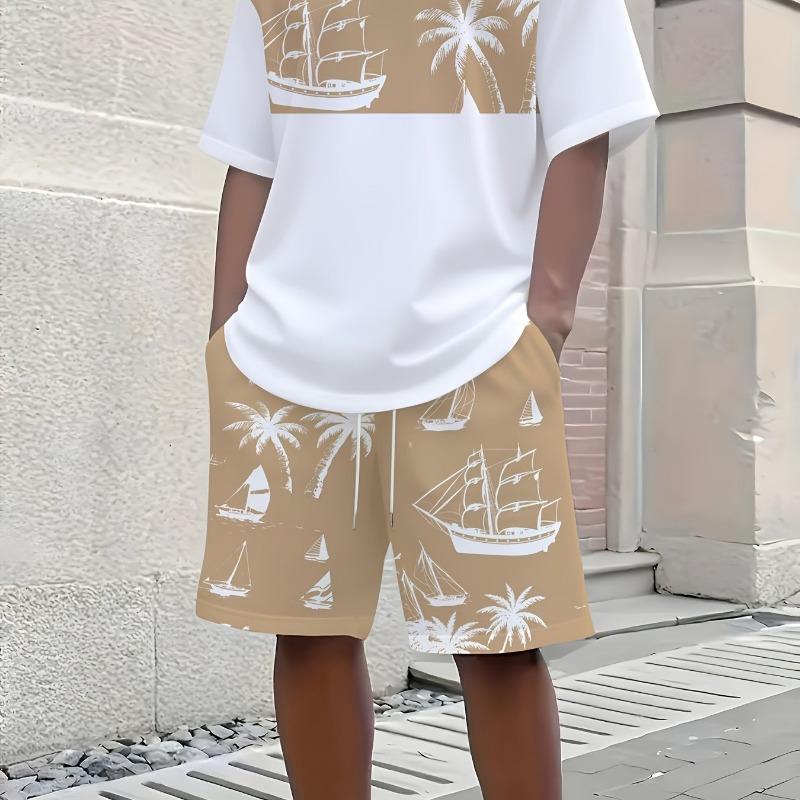 Men's Short Sleeved Shorts Set with Coconut Tree Print Round Neck T-shirt