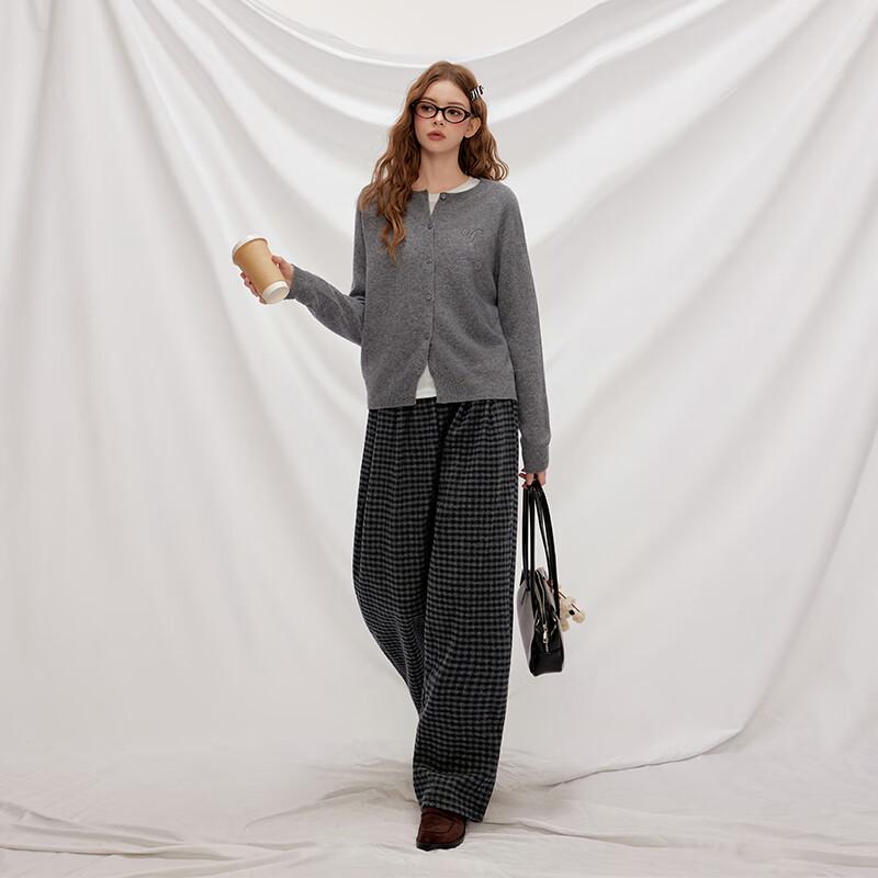 UNIFREE Retro Plaid Fleece-Lined Wide-Leg Casual Pants