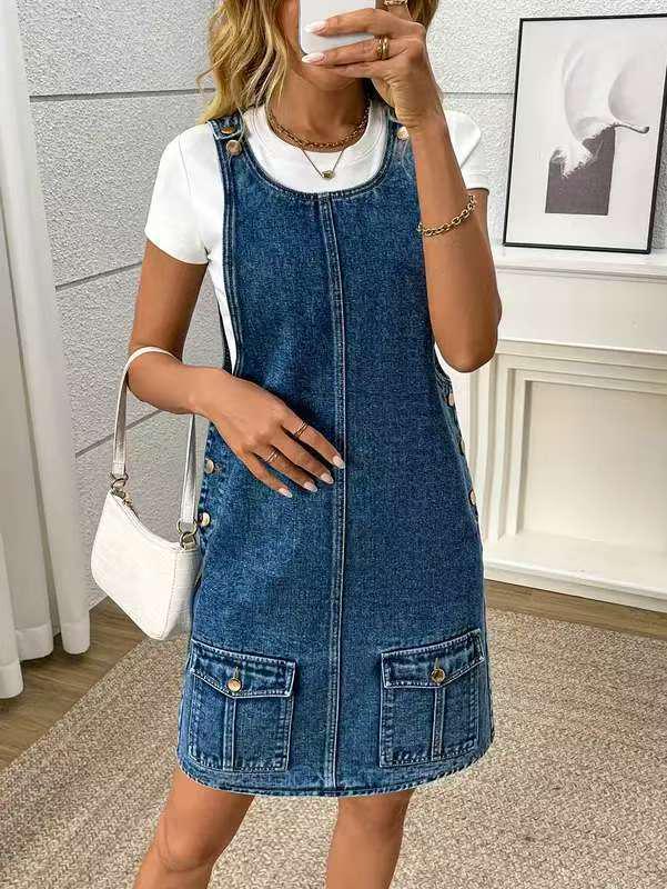 European-American Retro Denim Overall Skirt for Women - Summer Petite Zipper Design Dress