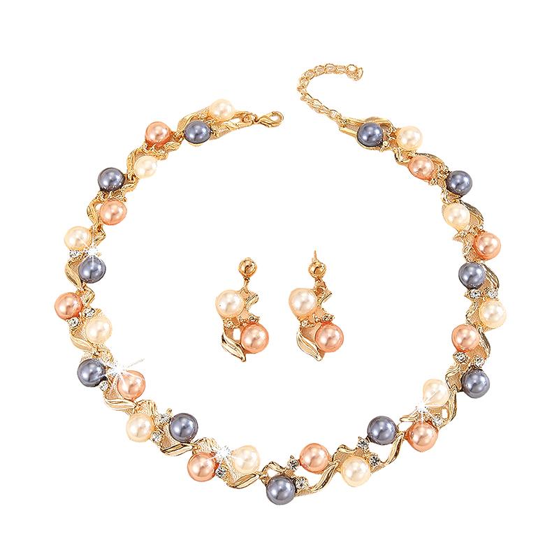 

1Set Exquisite Elegant Pearl Necklace Leaf Rhinestone Colorful Pearl Necklace Women Jewelry Metal Necklace Earrings Set Party золотой