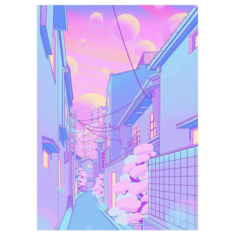 80s Vaporwave Style Wall Art Poster City Night Street Cat Canvas Painting Print Home Decoration Kawaii Room Decor Canvas Picture
