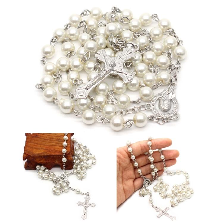Rosary Beads Clavicle Chain Necklace Men Women Medal-Cross Christian Long Chain