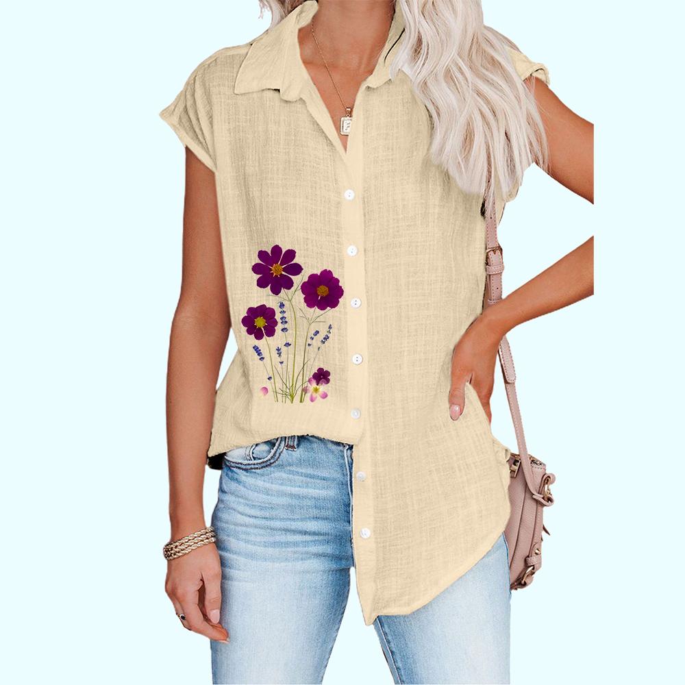 Damenmode Ärmelloses T-Shirt Dünne Lässige Bluse mit Blumendruck Damen Button-Down-Hemd