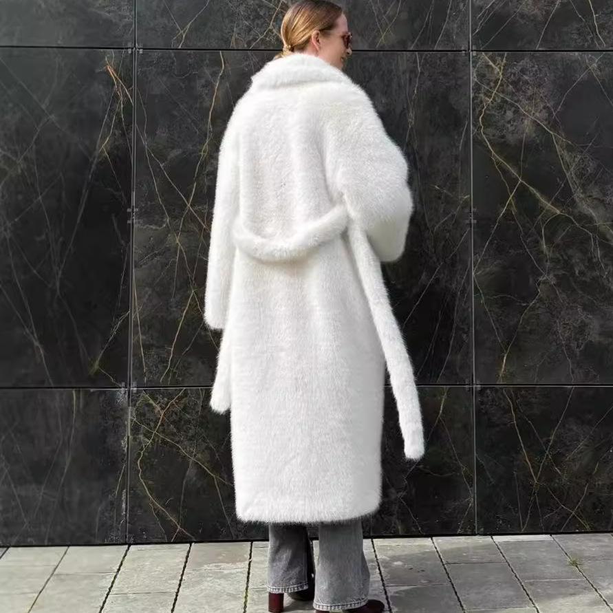 Pelz Herbst und Winter langer Fuchs Pelzmantel weißer Kunstpelzmantel Damen Gürtel umweltfreundlicher Pelzmantel
