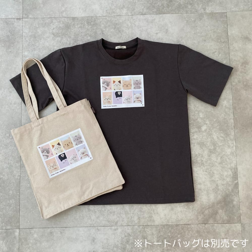 [Fuku Fuku Nyanko] Cat T-Shirt, Short Sleeve, Cute, for Cat Lovers, Fukufuku Nyanko Character, Unisex, Size L, Loose Fit, Crew Neck, Happins