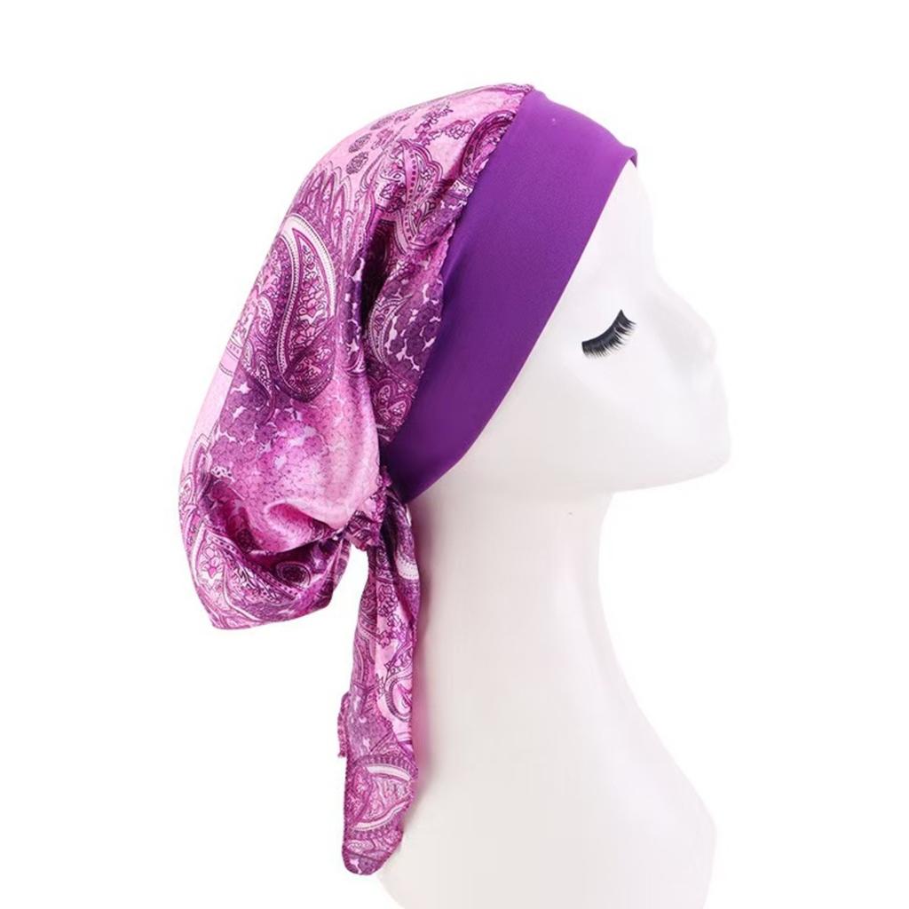 Elastic Printed Headscarf Pre-Tied Muslim Female Turban Chemotherapy Cap Hair Loss Cover Stretchy Head Wrap Bandana for Women