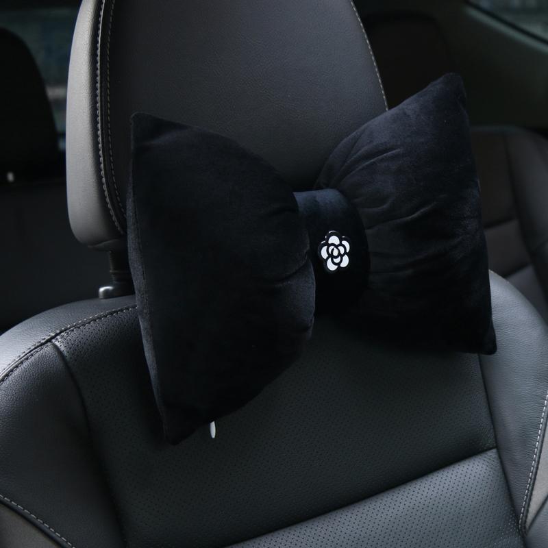 1PC Quality Soft Plush Bowknot Car Neck Pillow Auto Headrest Seat Support Waist Pillows Camellia Flower Car Interior Accessories