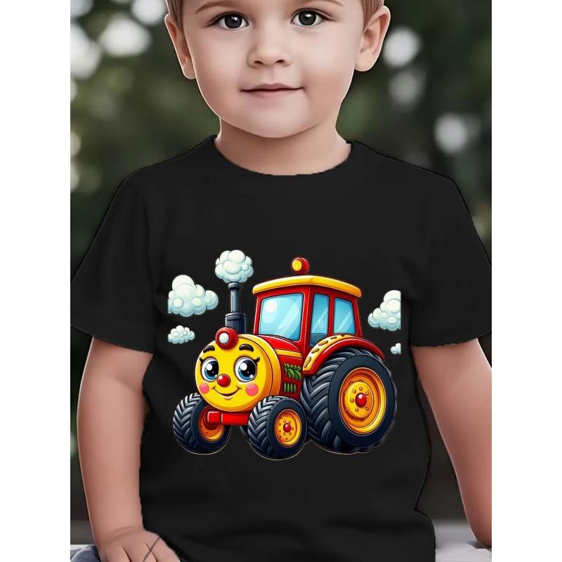 European sizes Cute Cartoon Tractor Print Short-Sleeve T-Shirt for Baby Boys, Summer Clothing for Infants Aged 0-3 Years, Round Neck Tee