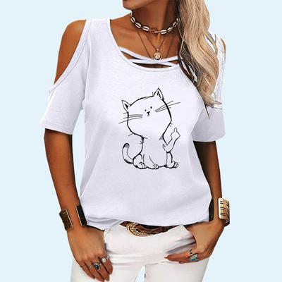 Women Fashion Round Neck Short Sleeve Top Summer Casual Off Shoulder Tee Shirt Pullover Ladies Cat Print T-shirt
