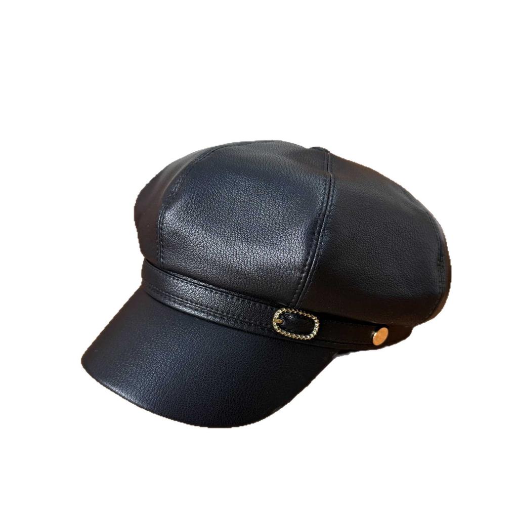 European and American retro PU leather octagonal hat children's autumn and winter fashion versatile newsboy hat elegant temperament cap new