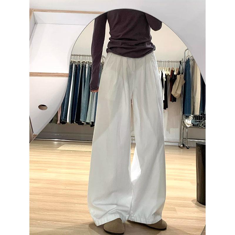 Plus Size High Waist Fleece-Lined White Pleated Wide-Leg Jeans for Women - Autumn/Winter Loose Straight Leg Floor-Length Pants