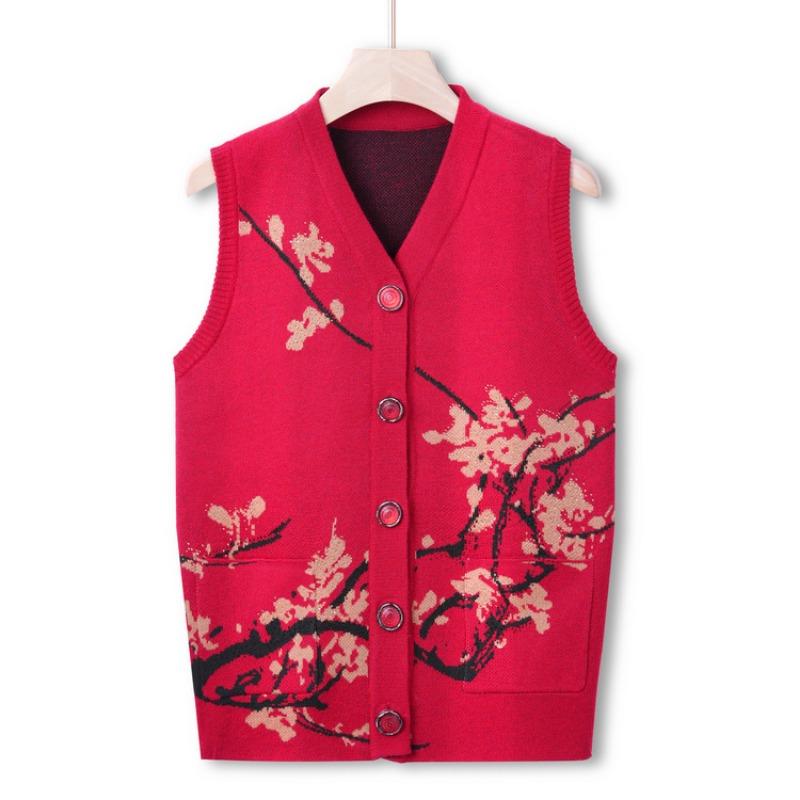 Middle-aged sweater vest female mother clothing autumn high-end knitted sweater thermal vest grandma autumn vest