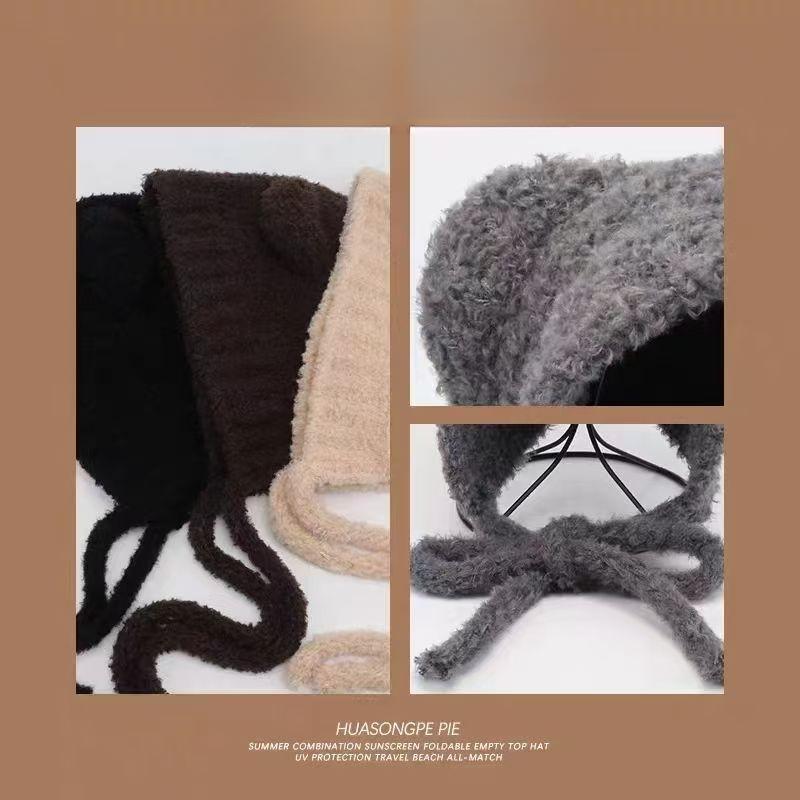 Cute Bear Ear Wool Hat for Women In Autumn and Winter Warm Knitted Hat Plush Hat Versatile Cold Protection Ear Tip Hat