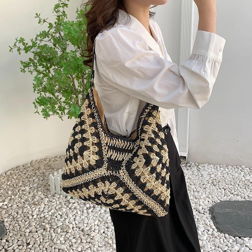 2025 Summer Straw Knitting Bag Hollow Out Tote Bag Solid Beach Shoulder Bag Holiday Travel Handbag Boho Shoulder Purse for Women