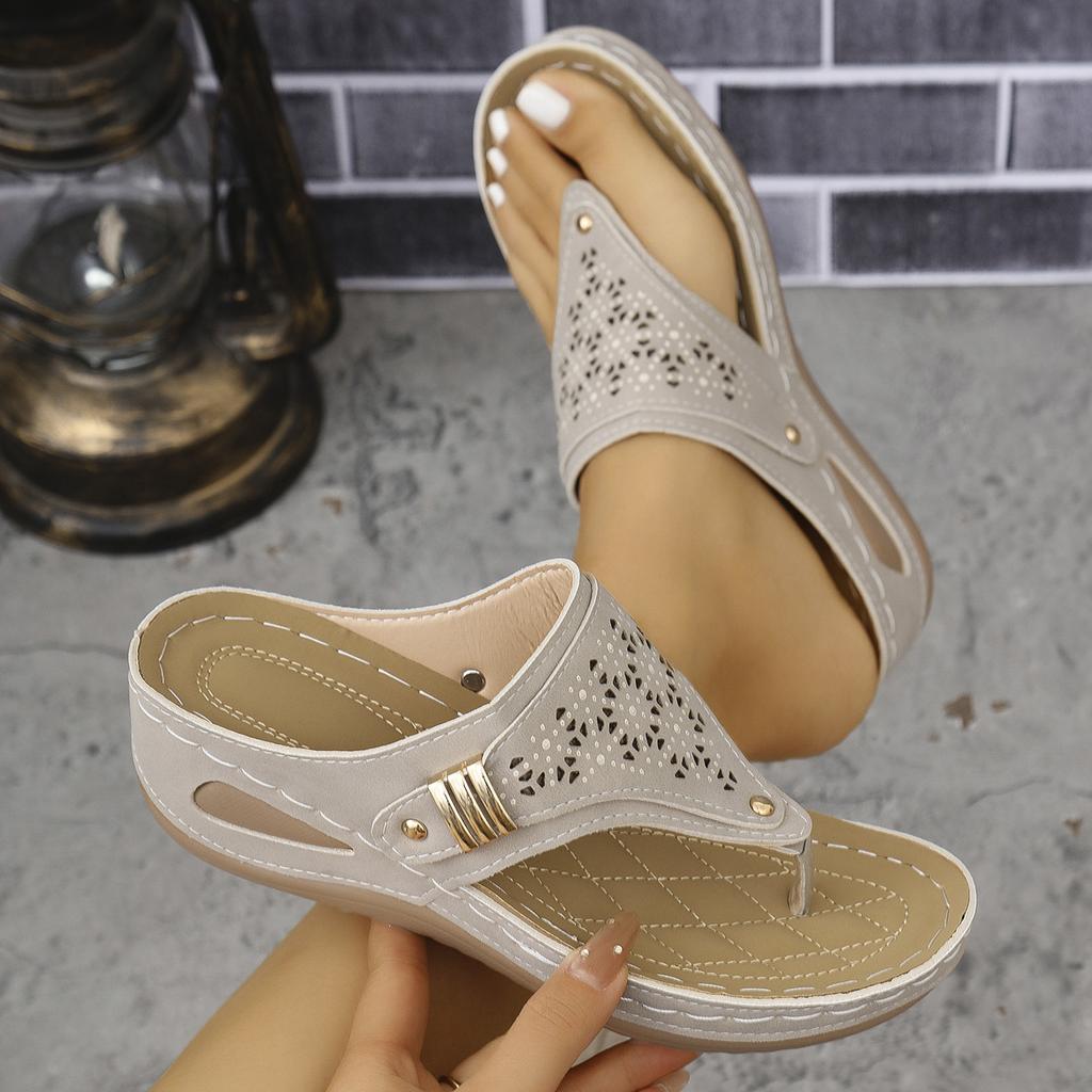 Women's Cutout Thong Sandals, Stitched Detail Wedge Slippers, Retro Platform Outdoor Slides for Women