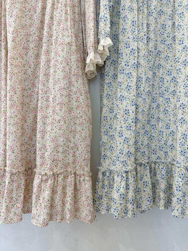 Spring Women's Mori Style Floral Cotton Linen Long Dress with Ruffle Patchwork