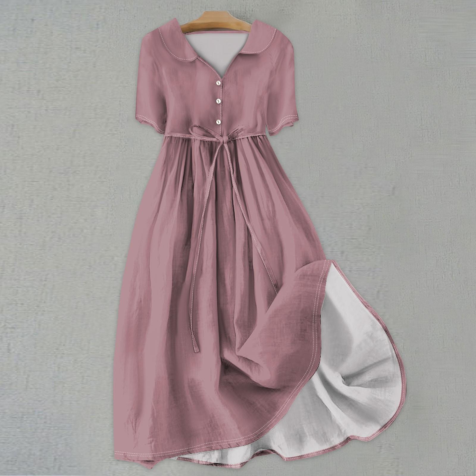 

Женская мода сплошной цвет воротник с лацканами пуговицы с коротким рукавом одежда ремни платье XXXL фиолетовый