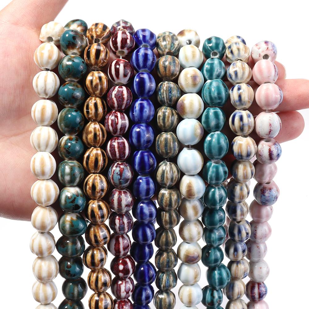 28pcs/string Pumpkin Shape Stripe Ceramics Beads Colorful Floral Glaze Porcelain Beads For DIY Charms Neckalce Bracelet Jewelry