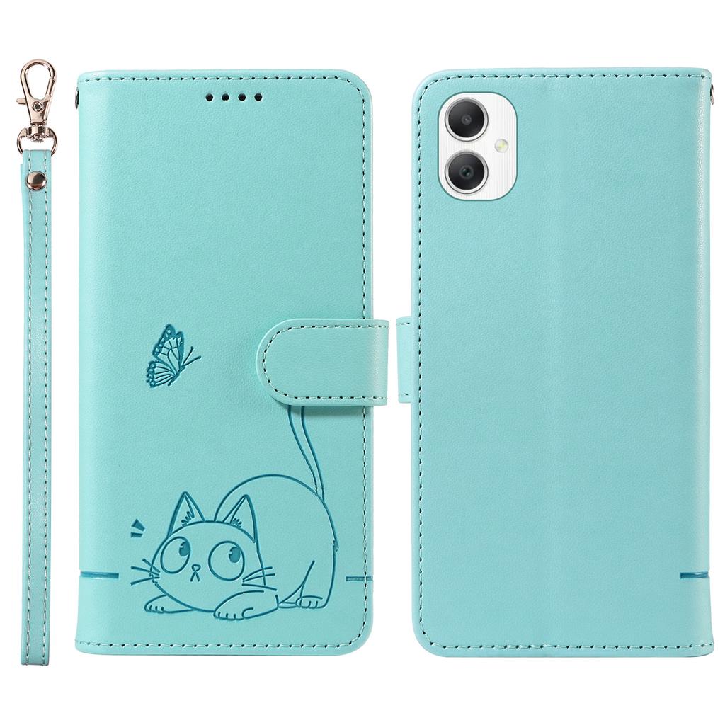 For Samsung Galaxy A06 5G/A06 4G Lommebokdeksel Kattemønster Preg Skinn Telefondeksel med Håndleddsstropp