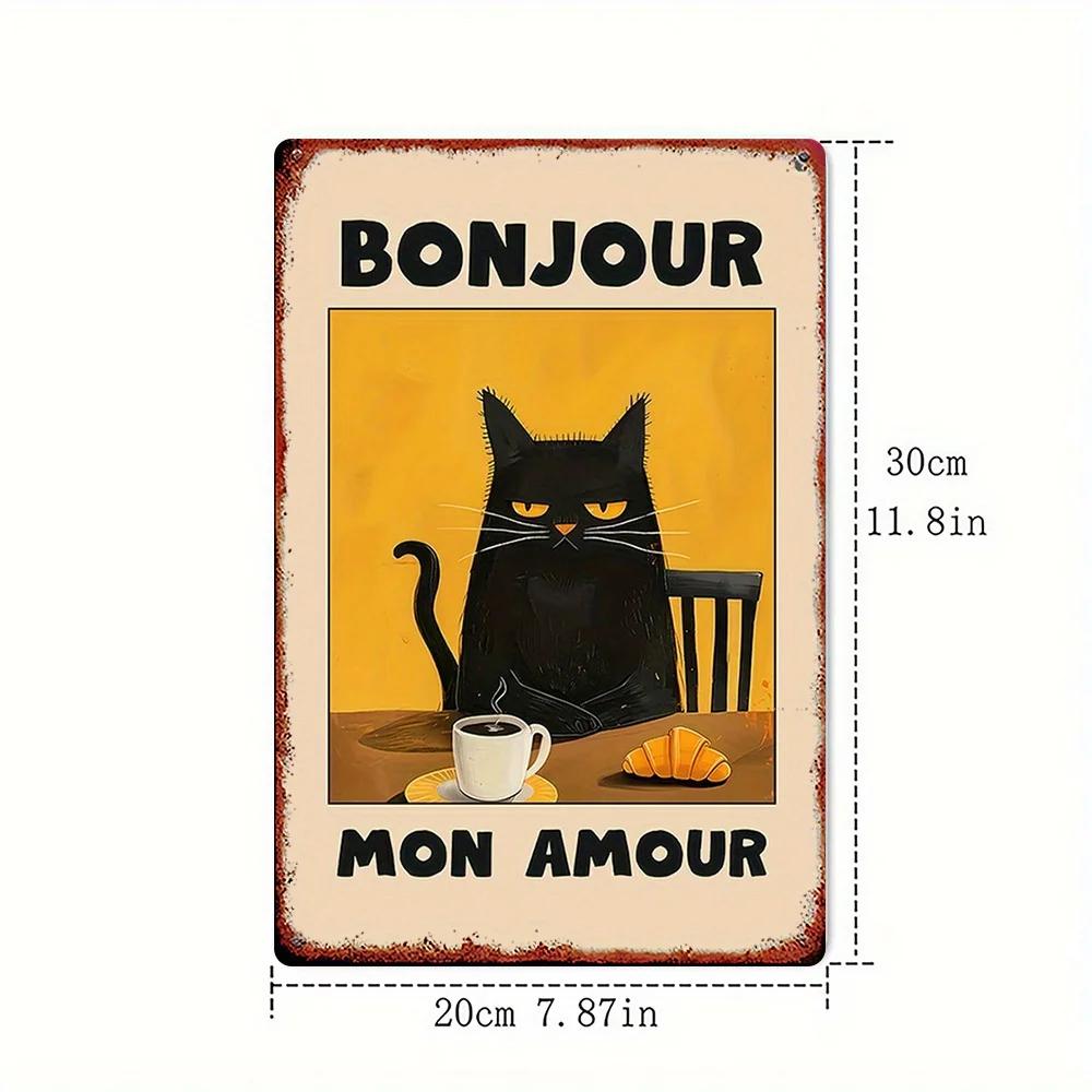 

2D Flat Vintage French Metal Wall Sign Black Cat Coffee Bread Tin Decor with Bonjour Mon Amourdistressed homecaf 20x30cm