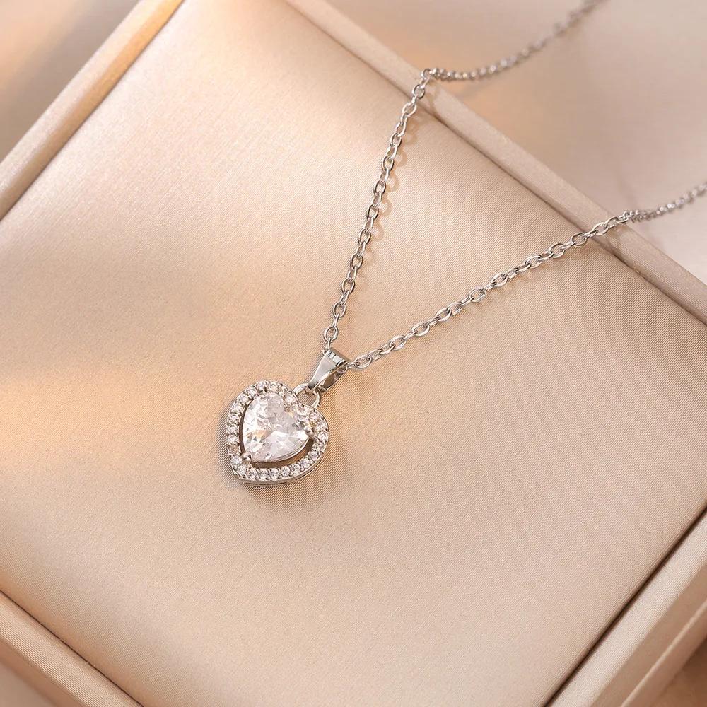 Модный Шарм Розовое Сердце Циркониевые Кольца для Женщин Роскошный Серебристый Цвет Нержавеющая Сталь Кристаллическое Ожерелье Набор Украшений Подарок Невыцветающий resizable