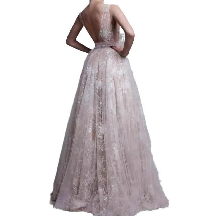 Women's Summer New Sheer Mesh Backless Dress - Deep V Neck Lace Long Gown with Spaghetti Straps, Elegant Evening Dress