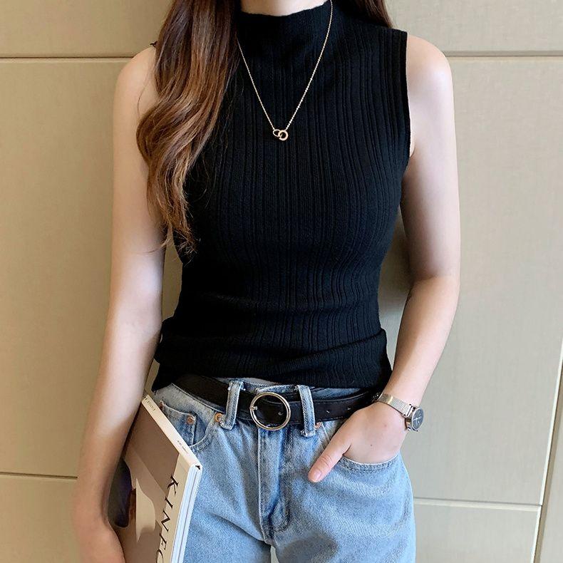 

Spring - Autumn Slim - Fit Thin Knitted Sleeveless Vest Inner - wear Turtleneck Base Layer Short - Style Top S чорний