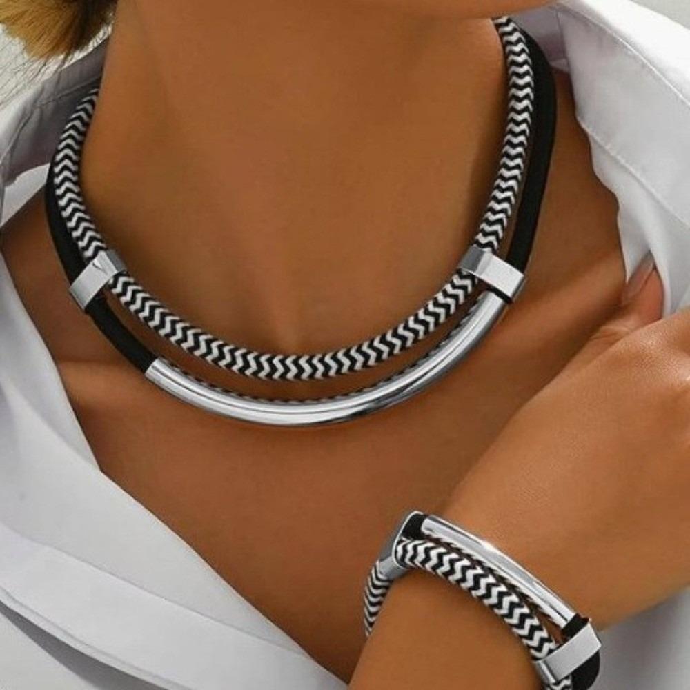 Neues Schwarz Metallrohr Geflochtenes Seil Dickes Doppelstrang Armband Set Doppellagig Hip-Hop Stil Schmuck Geschenke