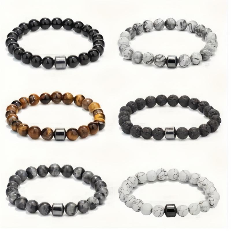 Tiger Eye, Volcanic & Map Stone Elastic Beaded Bracelet - Natural Stone Accessory