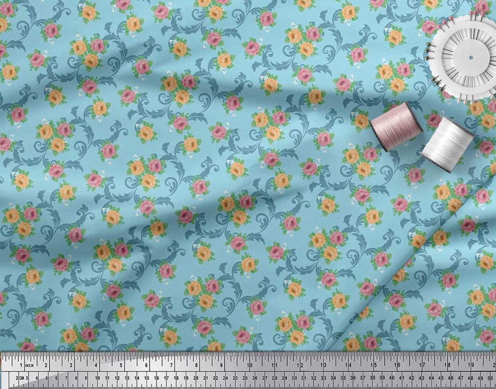 Soimoi Japan Crepe Satin Fabric Swirl,Leaves & Rose Floral Printed Fabric 1 Metre 42 Inch
