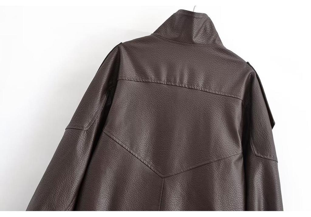European Style Autumn/Winter Elegant Women's Lychee Pattern Leather Jacket