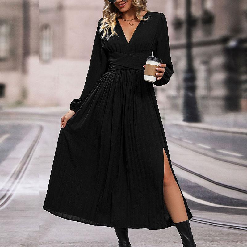 YYFS Women's Fashion Spring Fall Solid Color Print Long Sleeve V-Neck Middle Waistline Casual Dresses