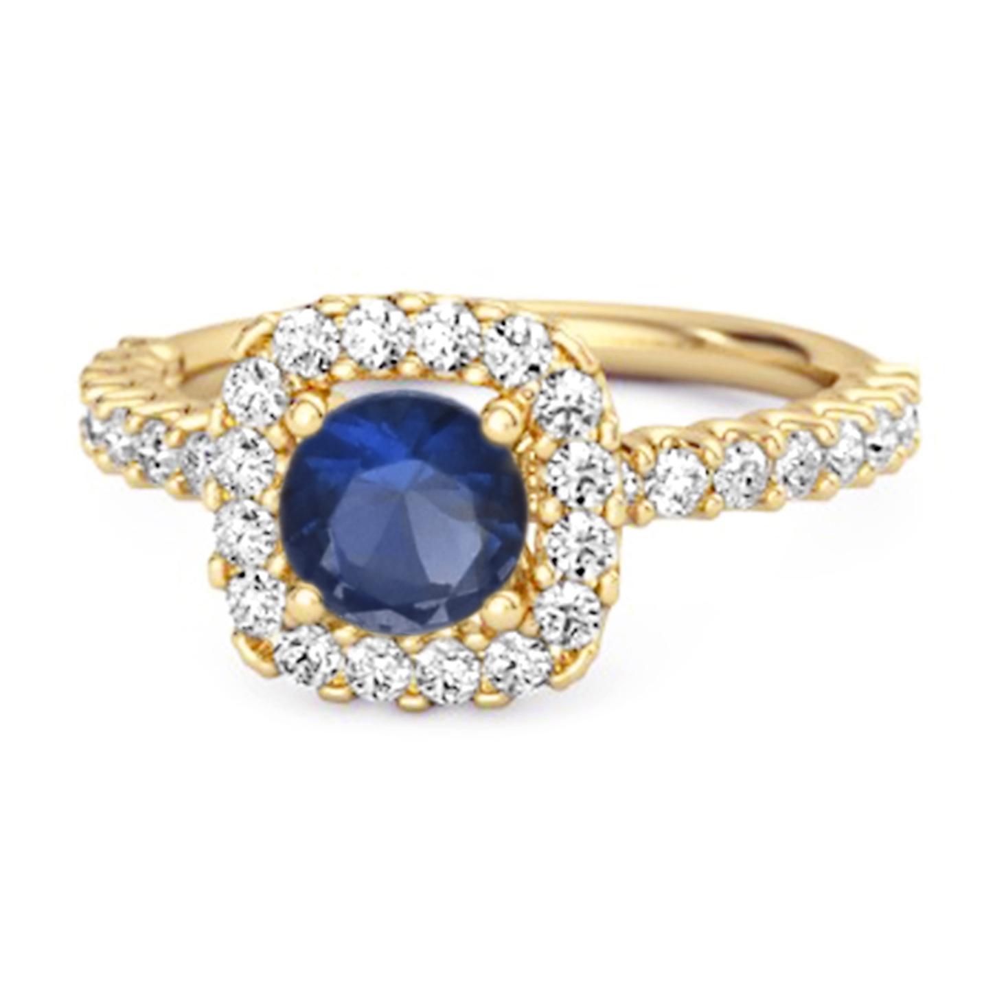 Blue Sapphire Round Cushion Halo Ring - 925  Sterling Silver Gold Vermeil 10