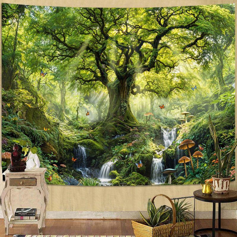 Misty Sunbeam Forest Tapestry Nature Green Tree Landscape Polyester Wall Hanging Aesthetic Bedroom Dorm Living Room Home Decor