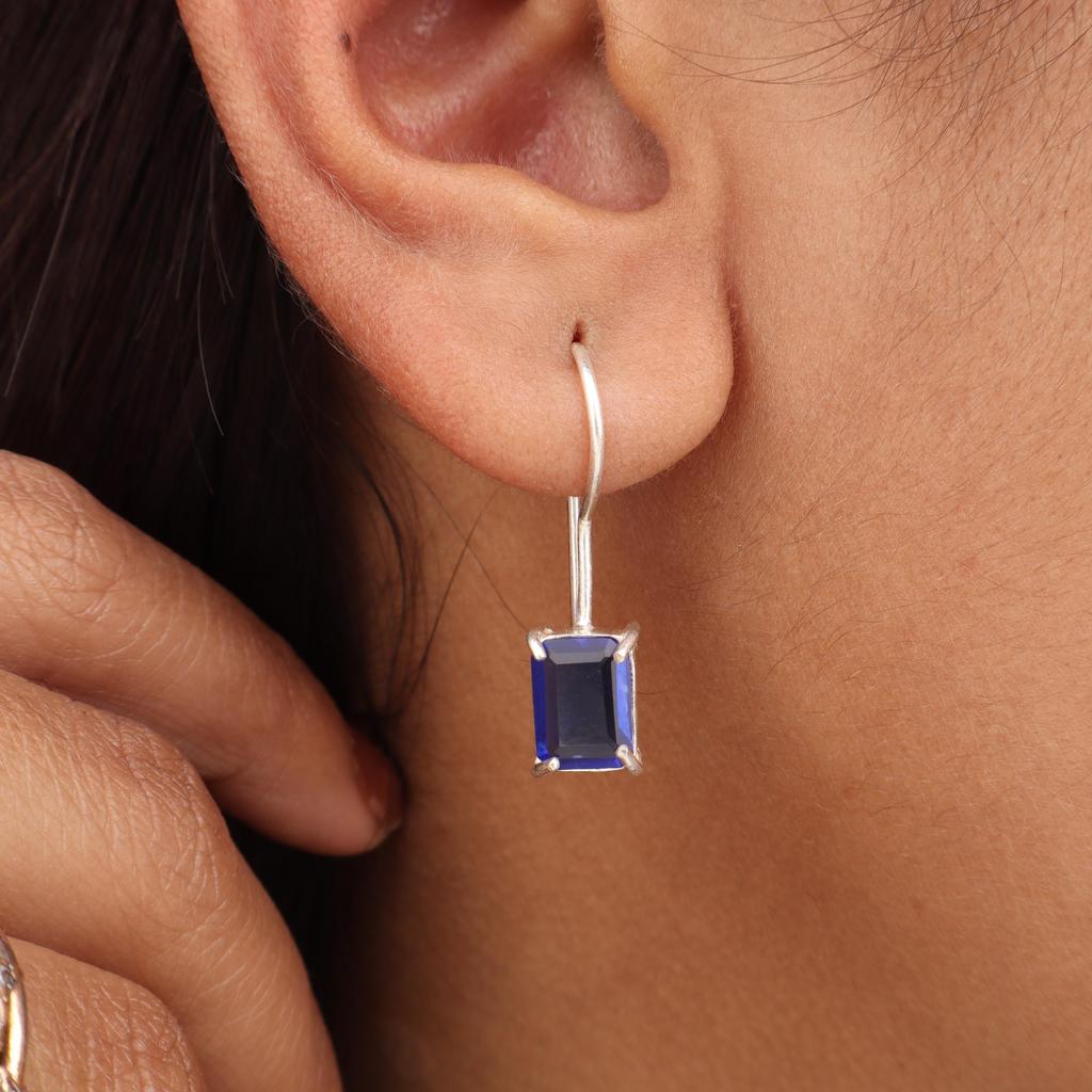 Blå safir ädelsten 925 sterlingsilver Handgjorda smycken vacker Hängande örhänge 1 tum För Alla hjärtans dag-present EE-180-2