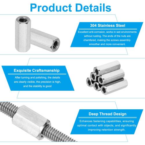 PATIKIL M10 X 1.25 High Nuts Hex Couplings, 6pcs, 30mm/1.2" Long, Fully Threaded Rod Coupling Nuts, Stud Connector Fasteners, Silver Tone